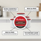Stacked Tim Hortons Dark Roast K-Cup pods graphic with callouts for bulk savings, Keurig compatibility, and iconic flavor.
