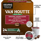 A product graphic highlighting key features of Van Houtte Original House Decaf K-Cup pods with factual callout labels and clean pointers.