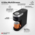 A feature callout illustration of the Keurig K-Slim brewer, highlighting its core capabilities.