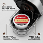 Tim Hortons K-Cup in a brewer with callouts: Internal Filter and Hermetically Sealed Pod.