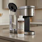 A photograph of the KEURIG Descaling Solution bottle next to a Keurig coffee maker, with water reservoir being filled.
