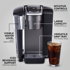 Operational feature graphic for Keurig K1550 Brewer, highlighting controls, capacity, and brew versatilely.