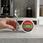 A K-Cup pod and a metal teaspoon on an oak surface, showing relative size.