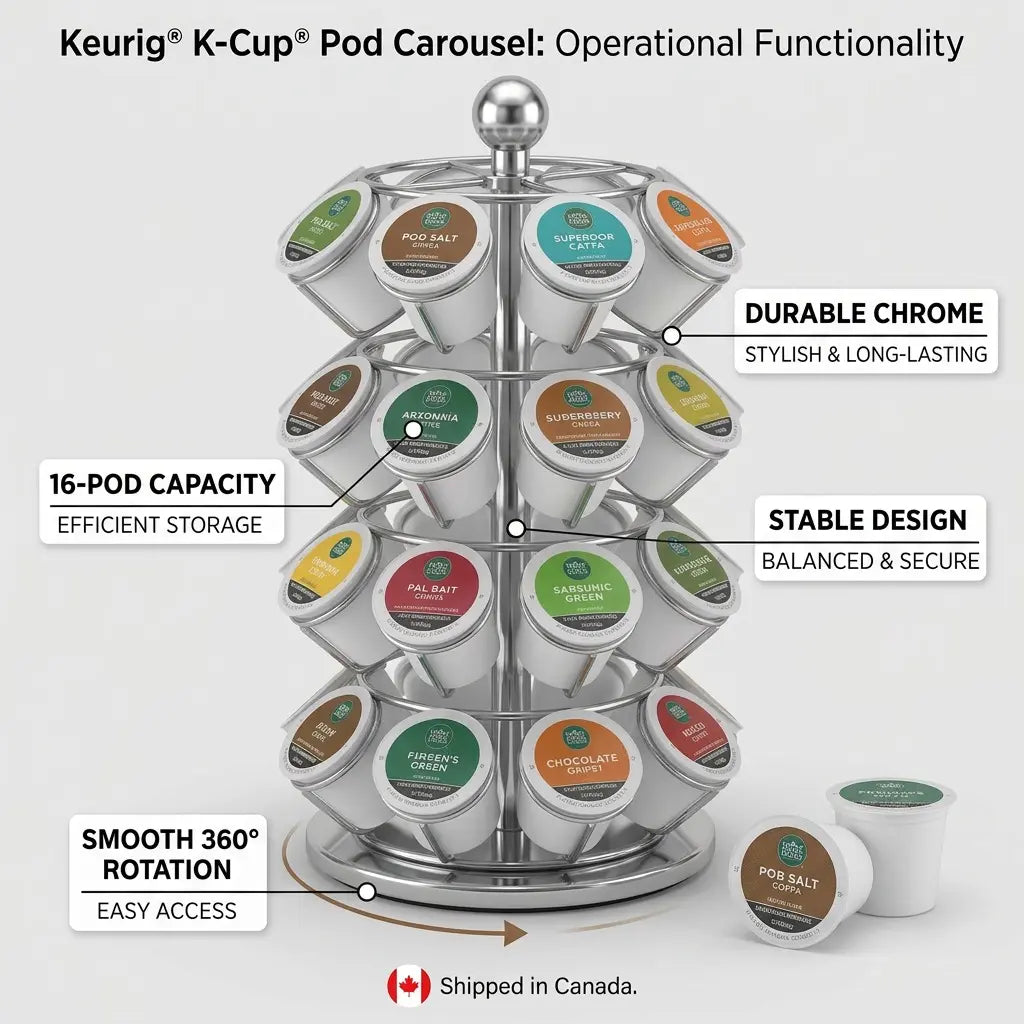 Product infographic detailing Keurig K-Cup Carousel features and benefits.