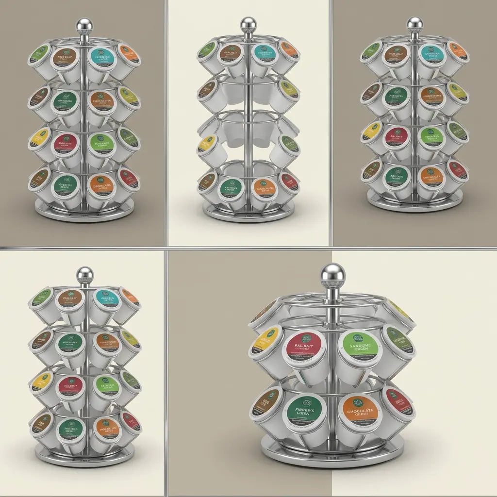 Multi-view matrix of the chrome Keurig K-Cup carousel, displaying different useful angles and loading options.