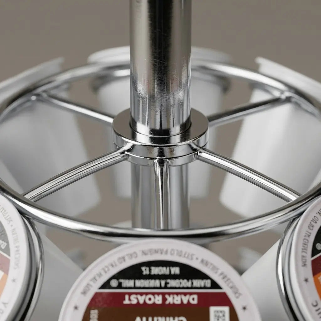 A macro photo focuses on a chrome joint of the Keurig pod carousel, highlighting the smooth metal and fine print quality on the k-cups.