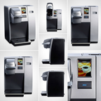 A matrix view of the Keurig K155 coffee maker showing five perspectives. The silver-and-black machine is presented in two frontal angles, two 45-degree views (left and right), and a detailed close-up of the brew brew compartment and screen, laid out on a clean light gray grid. The 'KEURIG' logo and button UI are consistent across all views, set against a brand-aligned gradient background. Each tile maintains realistic lighting and accurate proportions from the canonical product image.