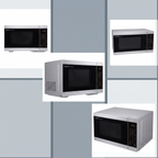 Grid of four product views shows different angles of the same silver Sharp Carousel microwave.