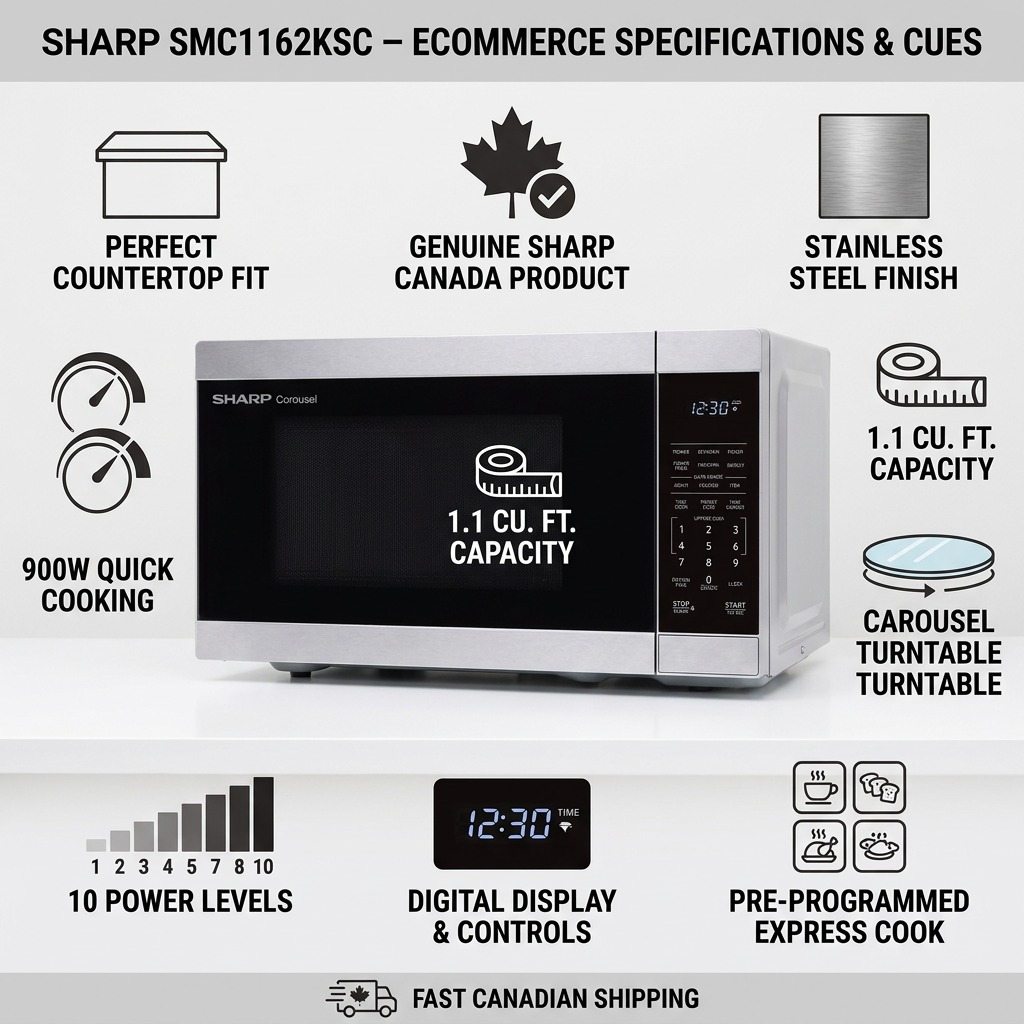PDP visual matrix infographic for SHARP SMC1162KSC, featuring factual product cues and specifications.