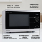 Operational feature callout graphic for SHARP SMC1464KSC microwave, detailing Inverter, Sensor Cook, and powerful capabilities.