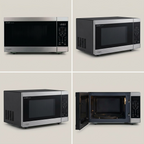 SHARP SMC1664KSC microwave displayed in three views: front-face, angled side and an open-door view.