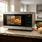 Sharp SMC0985KSC 3-in-1 convection microwave and air fryer on a kitchen counter air frying wedges.