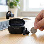 Sharp HP-TW45-BK earclip earbuds, charging case open, next to a US quarter on a desk for scale reference.