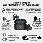 An ecommerce infographic with the black Sharp HP-TW45-BK earbuds and case at its center. Clean, neutral icons and text call out key specifications and features to build trust and authority. This includes "SHARP QUALITY ASSURED," "SECURE EARCLIP DESIGN," "IPX4 WATER RESISTANT," "BLUETOOTH 5.3 TECHNOLOGY," "SHARP CORPORATION CANADA," and "FAST CANADIAN SHIPPING," a clear visualization of datasheet specifications and Canadian market focus without any fictional service claims.