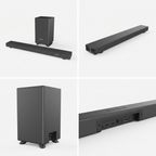 A premium ecommerce matrix image displaying the SHARP HT-SBW53121 soundbar and subwoofer from multiple angles and states.