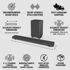 SHARP HT-SBW53121 soundbar and wireless subwoofer infographic, showcasing trust and authority with Canadian shipping and Dolby Atmos features.