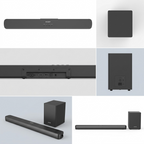 A premium 6-panel grid matrix showcasing the SHARP HT-SBW192 soundbar and wireless subwoofer from multiple verified angles and configurations.