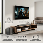 A stylized photograph of the SHARP HT-SBW192 soundbar and its wireless subwoofer in a modern room.