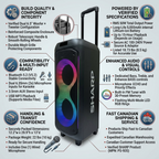 Sharp PS-935 party speaker infographic showing 50W output, 15H battery, and fast Canadian shipping.