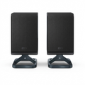 Sharp HT-SPR52021-BK 2.0.2 channel wireless rear surround speakers in black, front view on integrated stands.