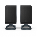Sharp HT-SPR52021-BK 2.0.2 channel wireless rear surround speakers in black, front view on integrated stands.