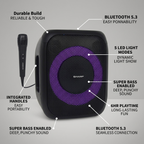 PDP feature matrix infographic showing callouts for durability, 5 LED modes, handles, Bluetooth 5.3, Super Bass, and 6-hour playtime.