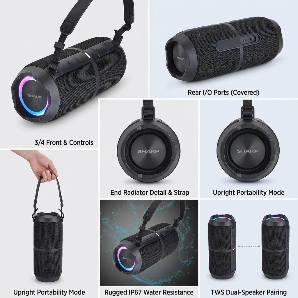Product matrix image showing four consistent view angles of the Sharp GX-BT390 speaker.