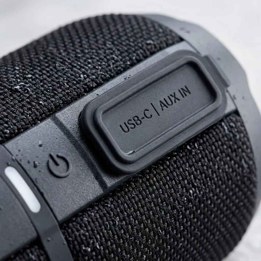 Macro detail of the waterproof connections and fabric mesh on the black GX-BT390 speaker.