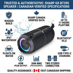 A trust and authority infographic centered on the Sharp GX-BT390 speaker, highlighting verified specs and Canadian shipping.