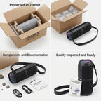SHARP Bluetooth speaker unboxing sequence showing transit padding, cables, and inspected certification.
