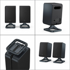A four-panel grid showing the HT-SPR52021-BK speakers from front, rear, right-angle, and bottom-up perspective.