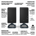 Detailed trust and authority matrix showcasing SHARP HT-SPR52021-BK wireless rear surround speakers with factual product details.