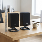 A size comparison of the HT-SPR52021-BK wireless surround speakers beside a standard ruler, coffee mug, and smartphone.