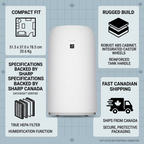 Product reliability infographic for SHARP KCP110CW smart air purifier with Canadian shipping details.