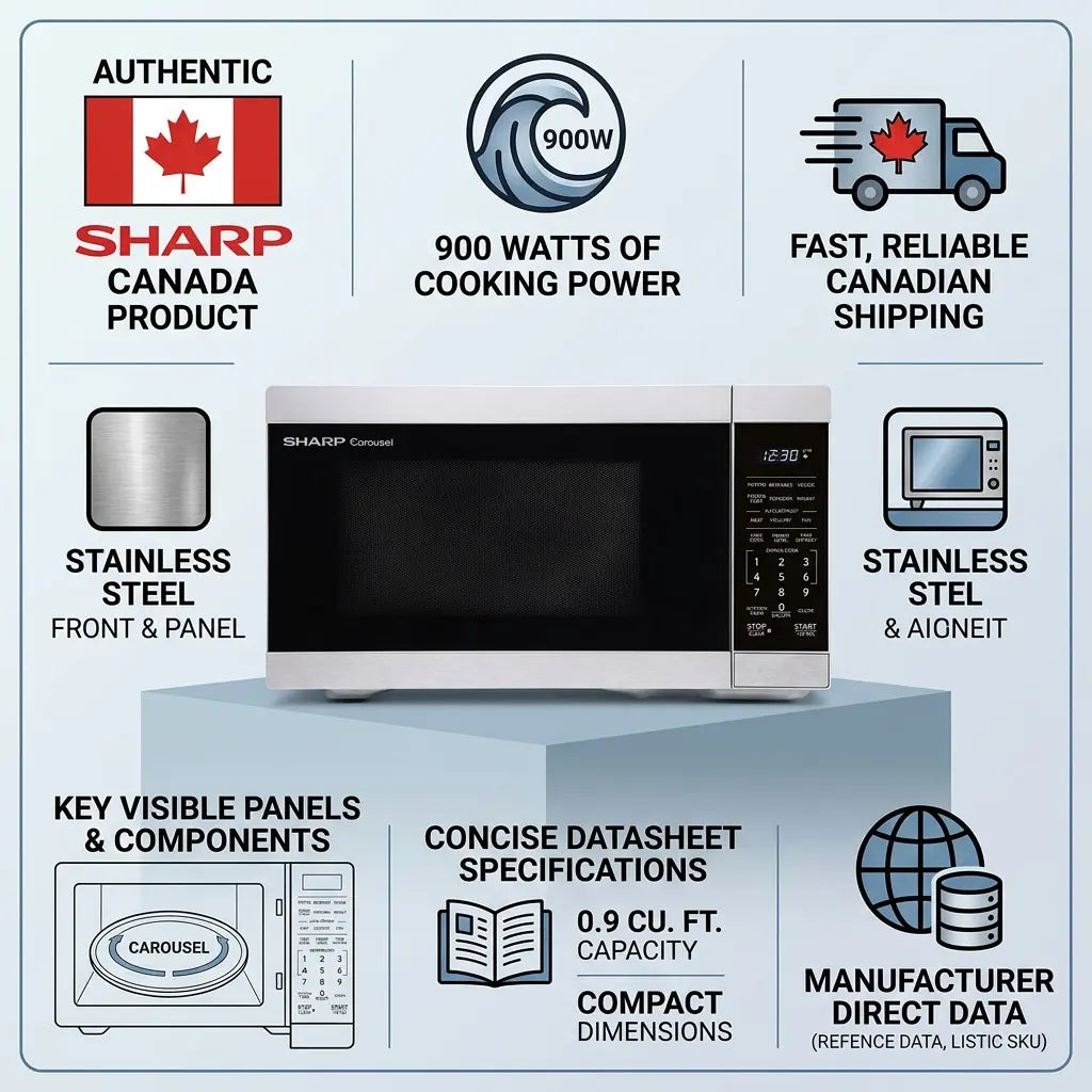 Trust infographic for a SHARP microwave highlighting features and fast Canadian shipping.