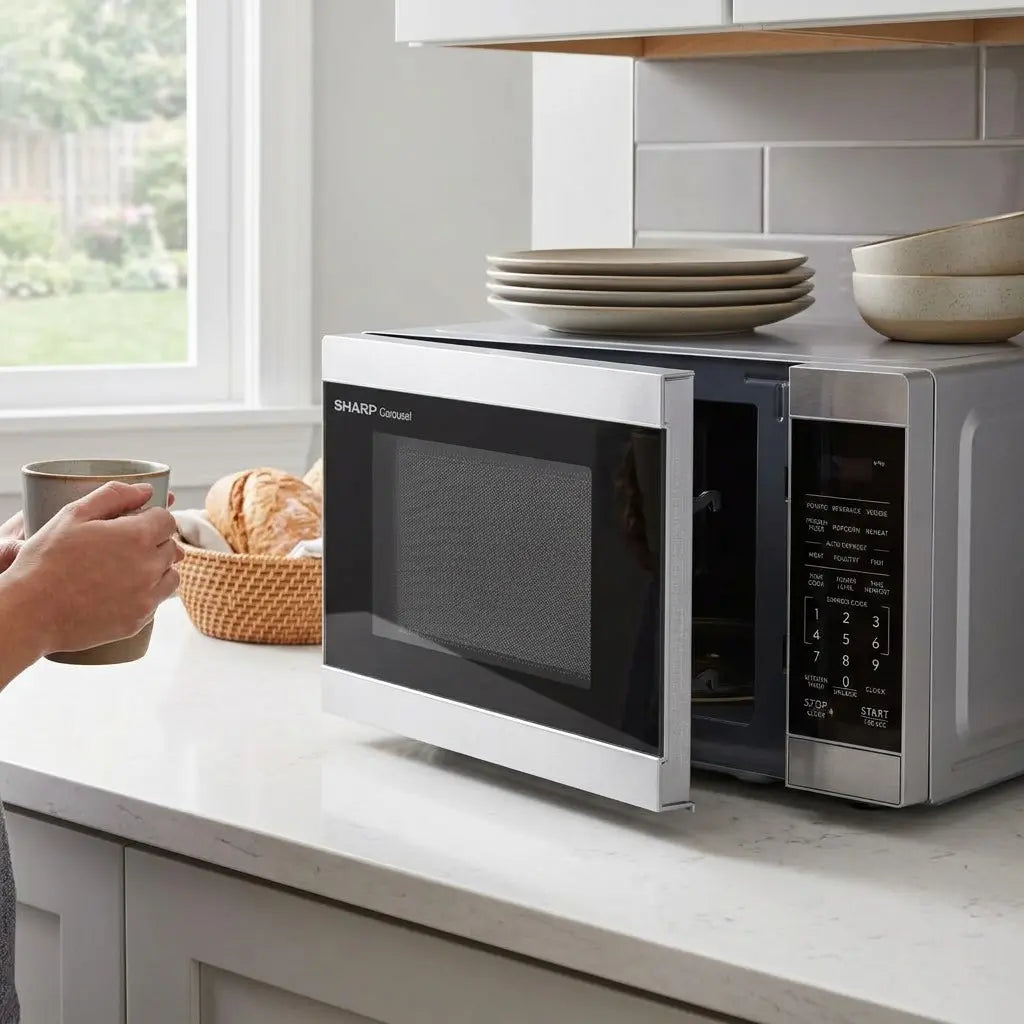 A lifestyle image of the SHARP SMC0962KSC microwave in a modern kitchen setting, showing it in actual use.