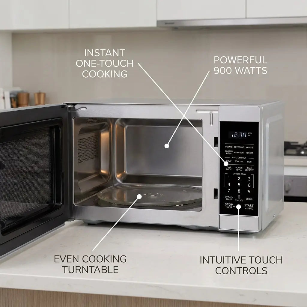 Product visual graphic for SHARP microwave highlighting core features with factual, short callouts.