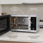 Product visual graphic for SHARP microwave highlighting core features with factual, short callouts.