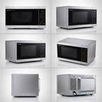 A 3x2 matrix showing the same SHARP stainless steel microwave from multiple useful angles.