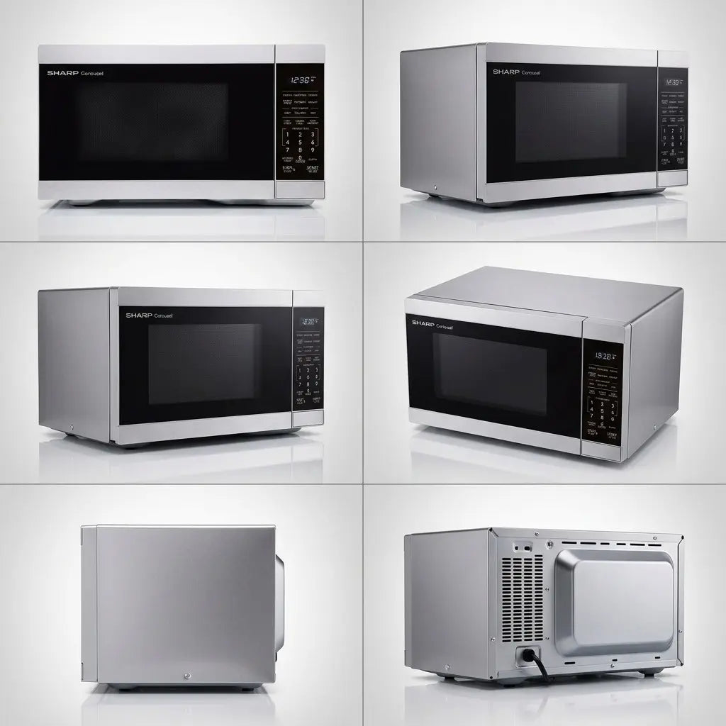 A 3x2 matrix showing the same SHARP stainless steel microwave from multiple useful angles.
