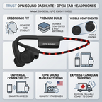 Trust matrix infographic for OPN Sound Dashlyte+ headphones with icons, facts, and Canadian shipping.