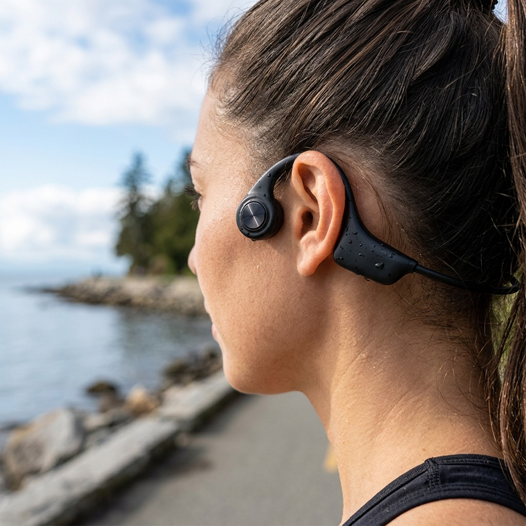 Runner wearing Sharp HP-BC55 Bone Conduction Bluetooth Headphones during outdoor exercise